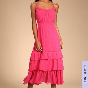 NWT Lulus Tiers and Applause Hot Pink Swiss Dot Tie-Back Tiered Midi Dress